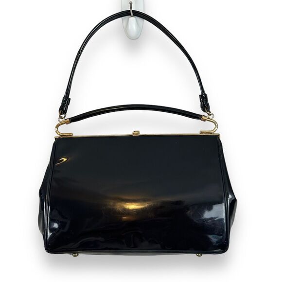 Vintage 50s Coblentz Purse Black Perma Plastic Gold Trim Arch Handle Handbag MCM - Picture 1 of 16